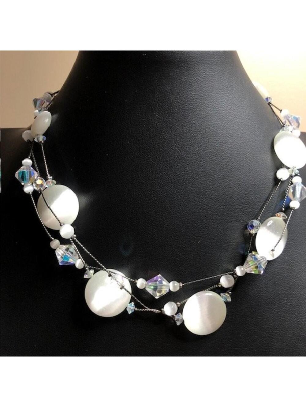B1598 Dabby Reid White Cat Eye & Aurora Borealis Crystal Multi-Strand 16-18"
